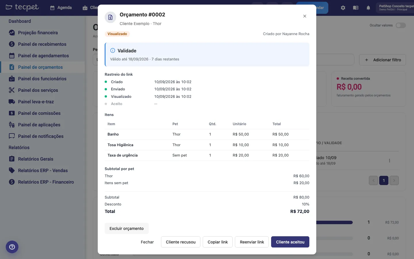 Detalhe do orçamento Visualizado, com o rastreio do link, os itens, os totais e os botões Cliente recusou, Copiar link, Reenviar link e Cliente aceitou