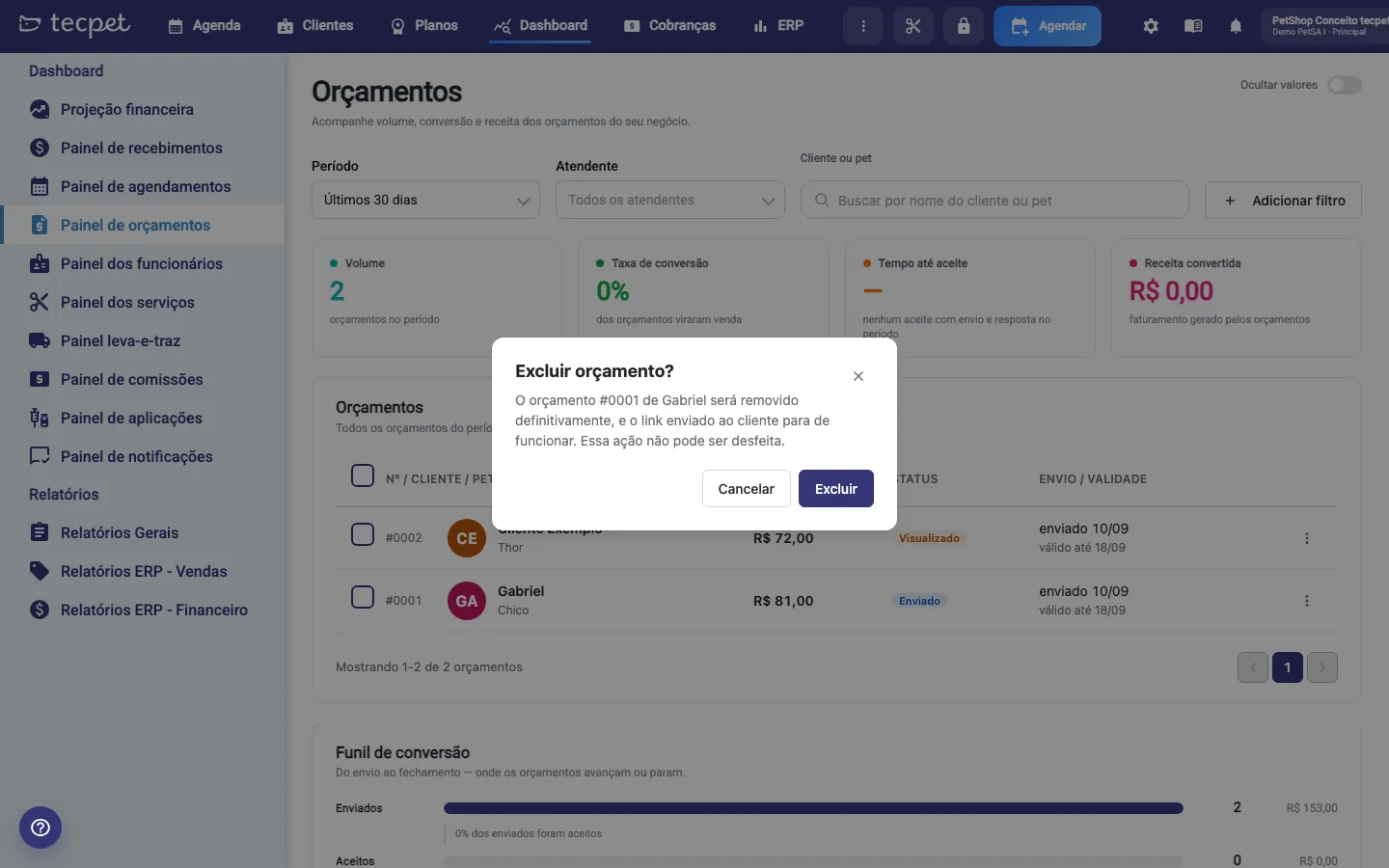 Janela de confirmação Excluir orçamento?, avisando que o link enviado ao cliente para de funcionar