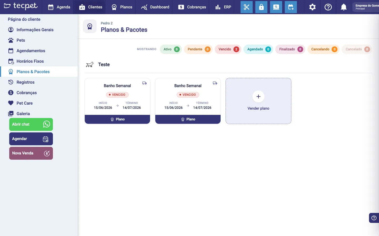 Planos e Pacotes no perfil do cliente, com o filtro de situações no topo e os planos agrupados por pet