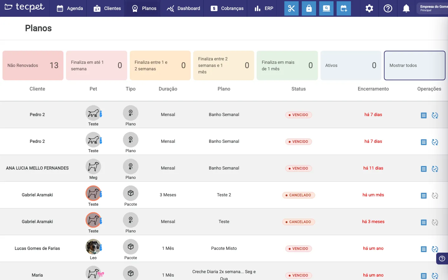 Tela de Planos da tecpet com os filtros por vencimento e a lista de planos