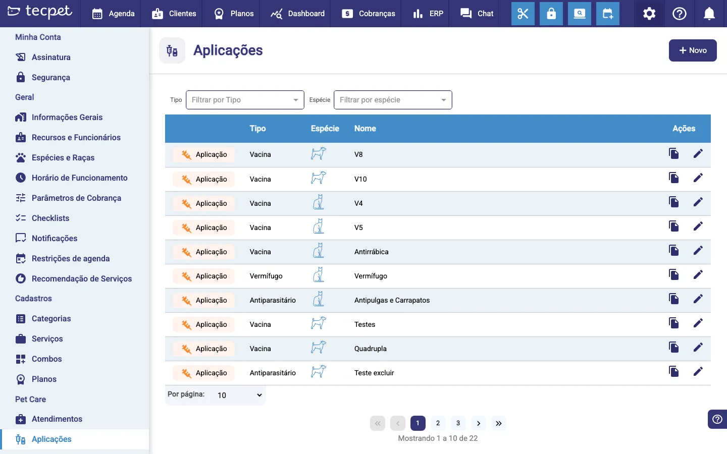 Lista de aplicações cadastradas (vacinas, vermífugos) por espécie