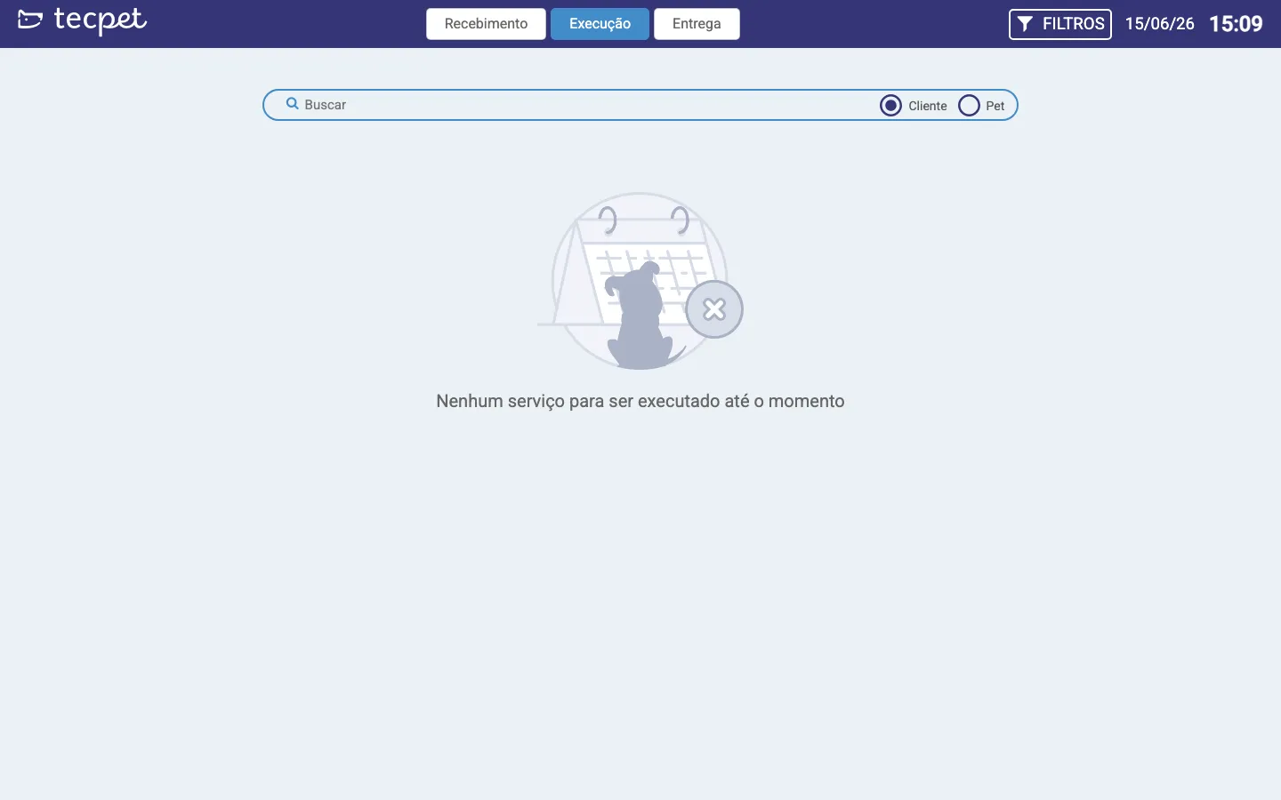 Área de Serviços: as etapas Recebimento, Execução e Entrega, a busca e os filtros, com a data e a hora no topo