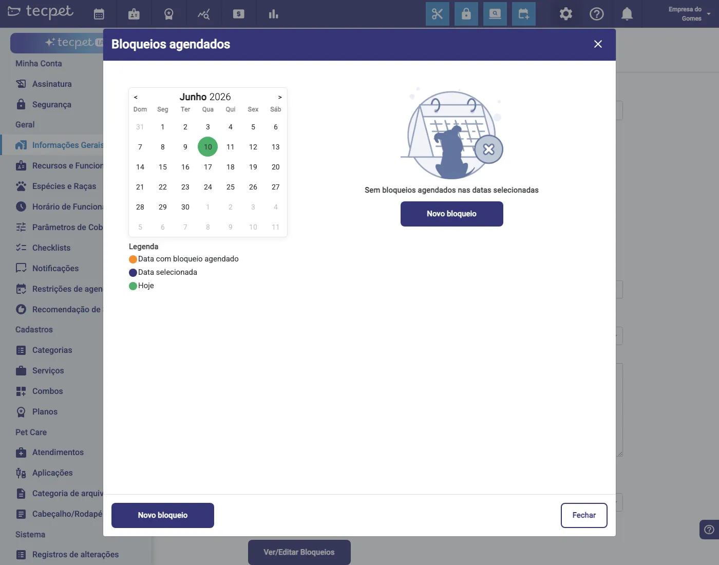 Janela Bloqueios agendados, com o calendário e a legenda