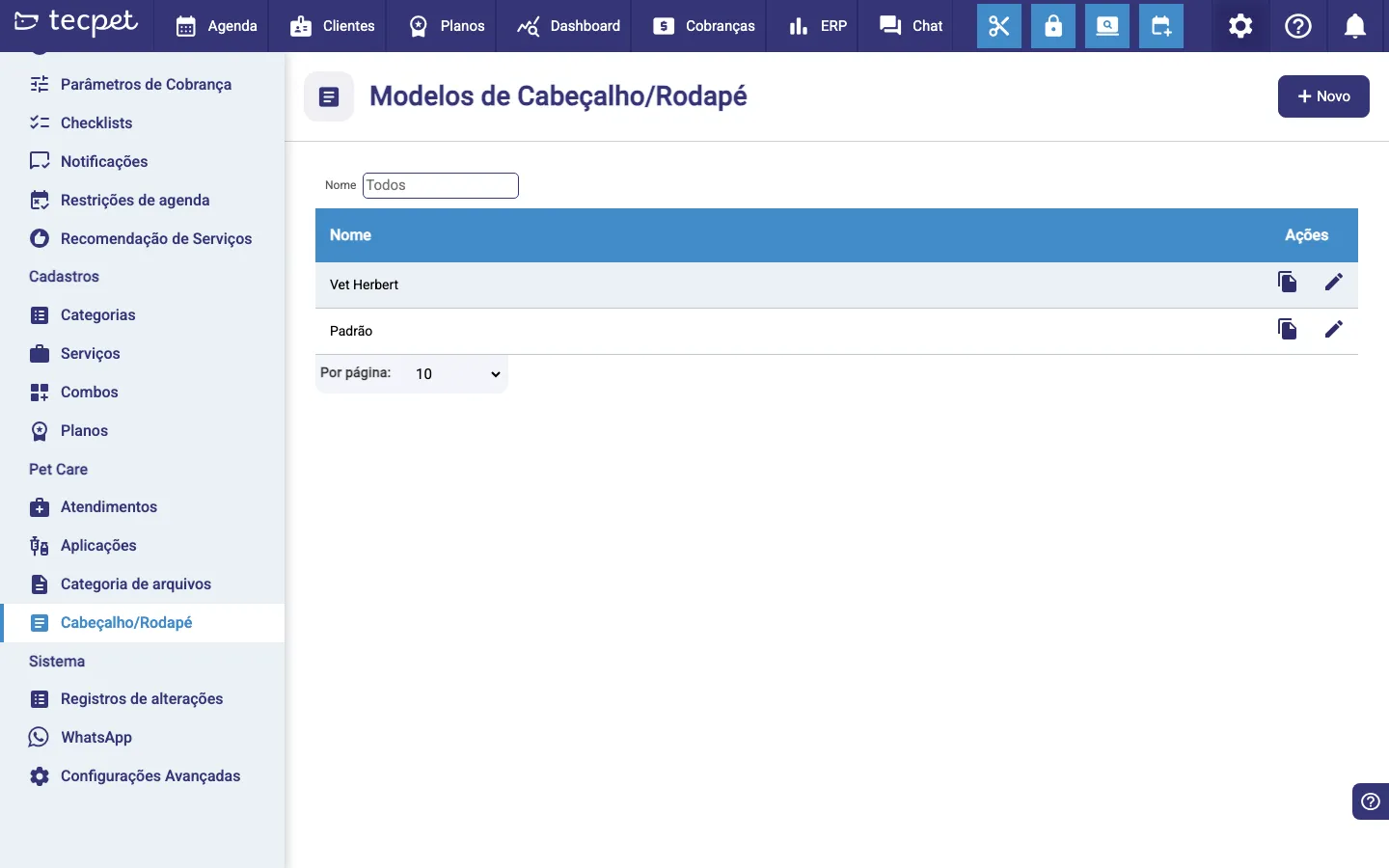 Tela Modelos de Cabeçalho/Rodapé com a lista de modelos e o botão Novo no topo