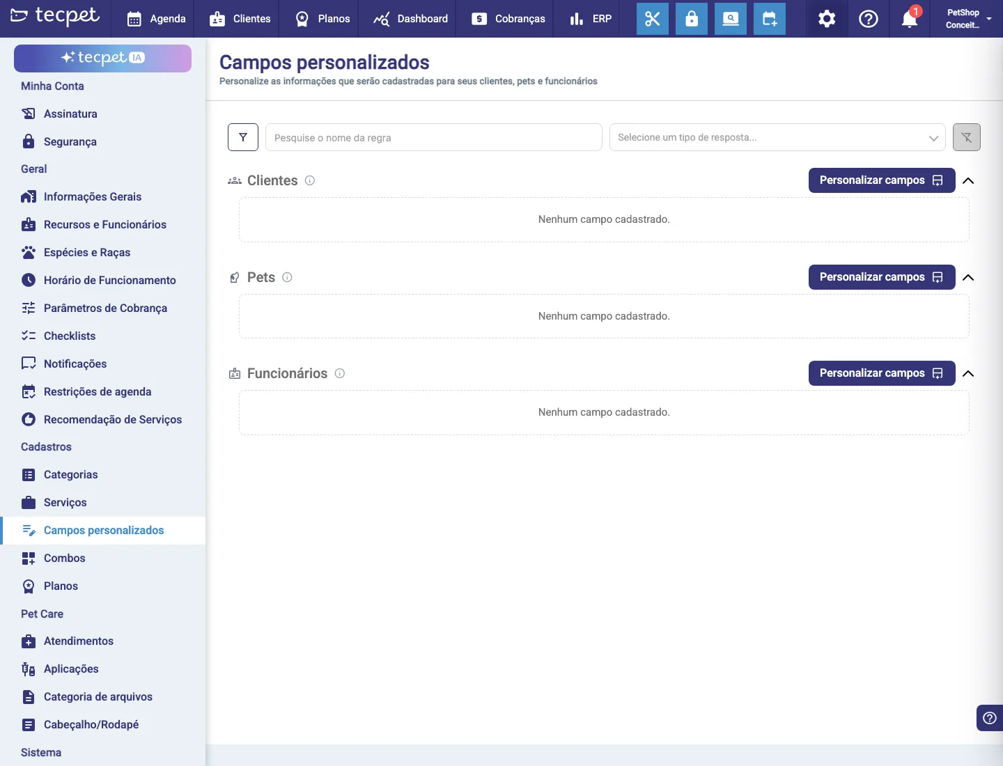 Tela de Campos personalizados com os três grupos: Clientes, Pets e Funcionários, cada um com o botão Personalizar campos.