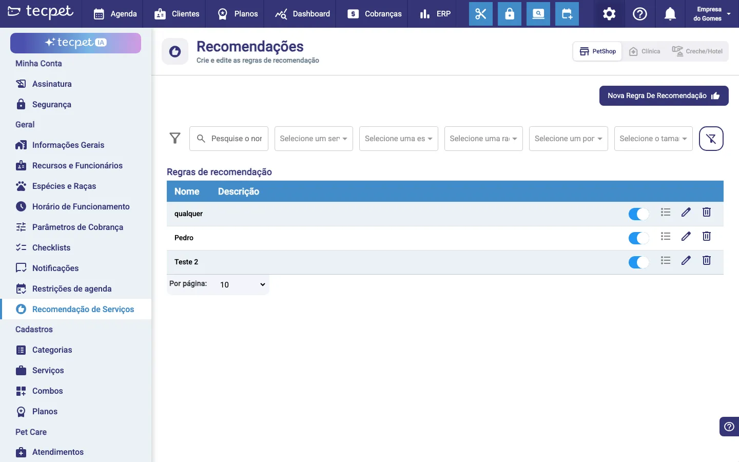 Tela de Recomendação de Serviços: abas de segmento no topo, botão Nova Regra de recomendação, filtros e a lista de regras com interruptor, editar e excluir