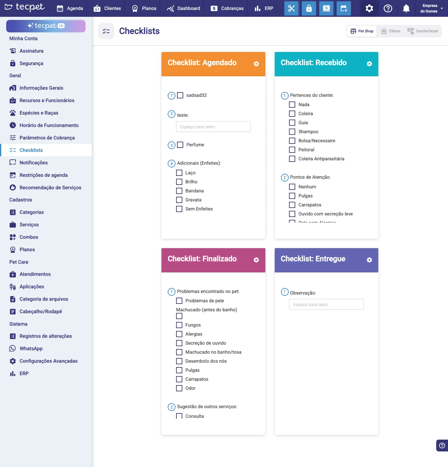 Tela de Checklists com os quatro checklists por etapa