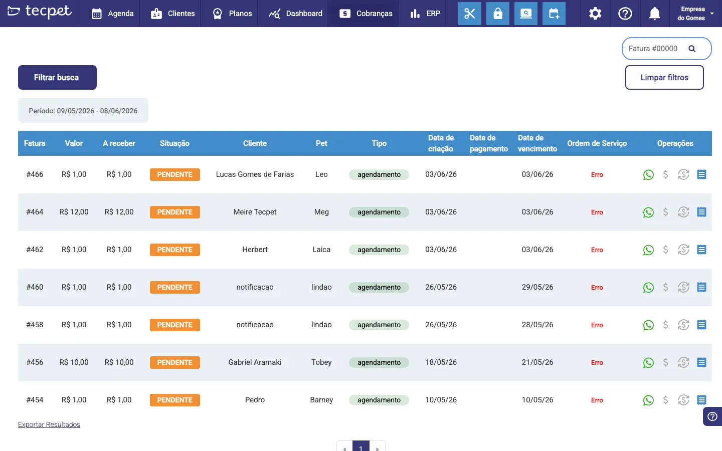 Lista de faturas na tela de Cobranças, com as colunas Fatura, Valor, A receber, Situação, Pet, Tipo e Itens ERP
