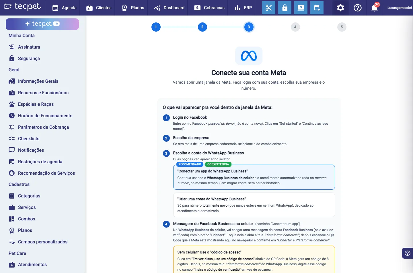 Etapa "Conecte sua conta Meta": o tutorial de 6 passos do que aparece na janela da Meta e o botão "Conectar com Meta".
