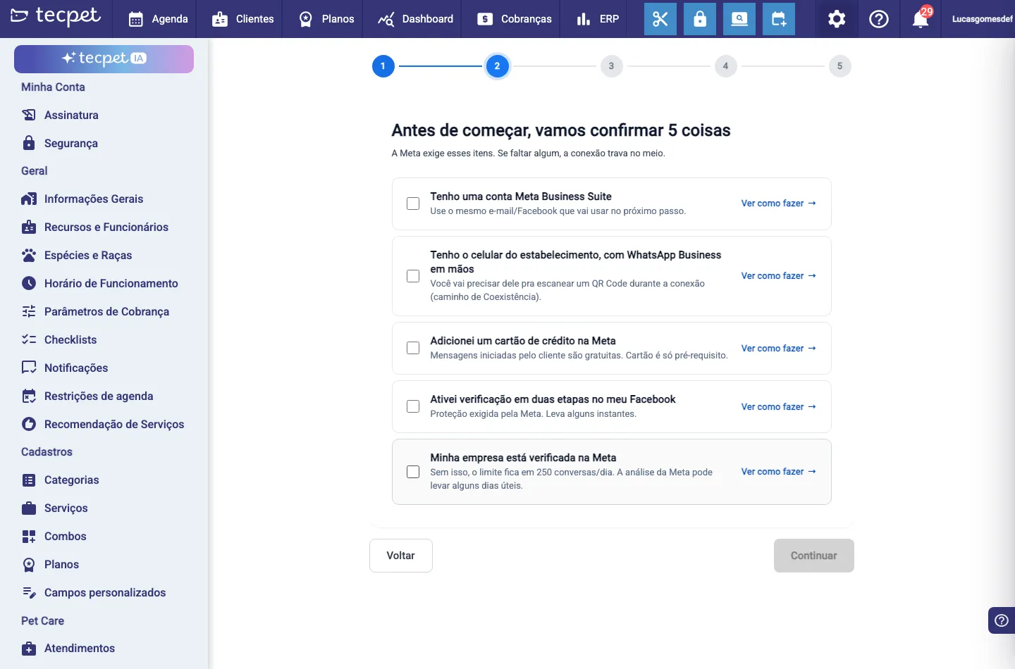Etapa de pré-requisitos: os 5 itens com caixas de marcação, links "Ver como fazer" e o botão "Continuar".