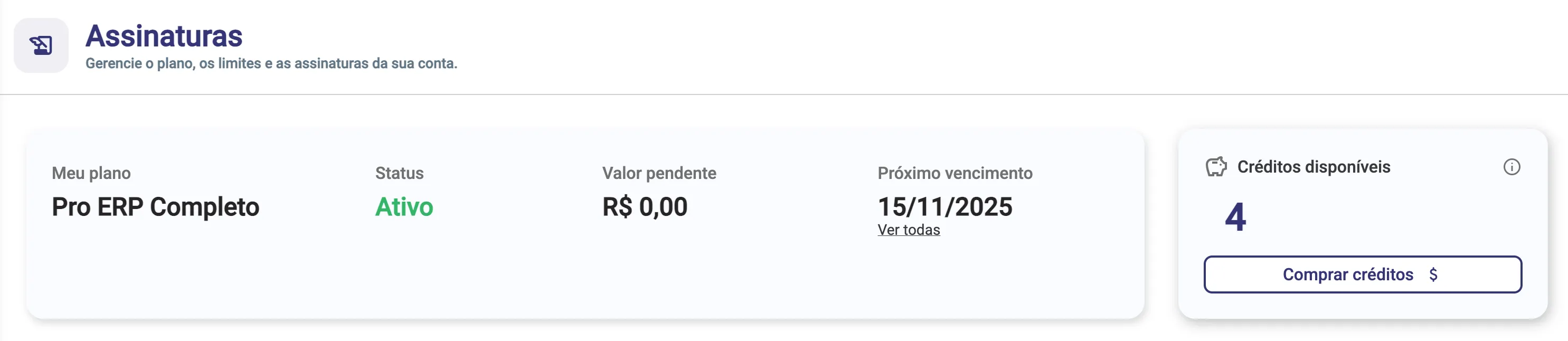Tela de Assinaturas mostrando o plano, o status e o card de Créditos disponíveis com o botão Comprar créditos