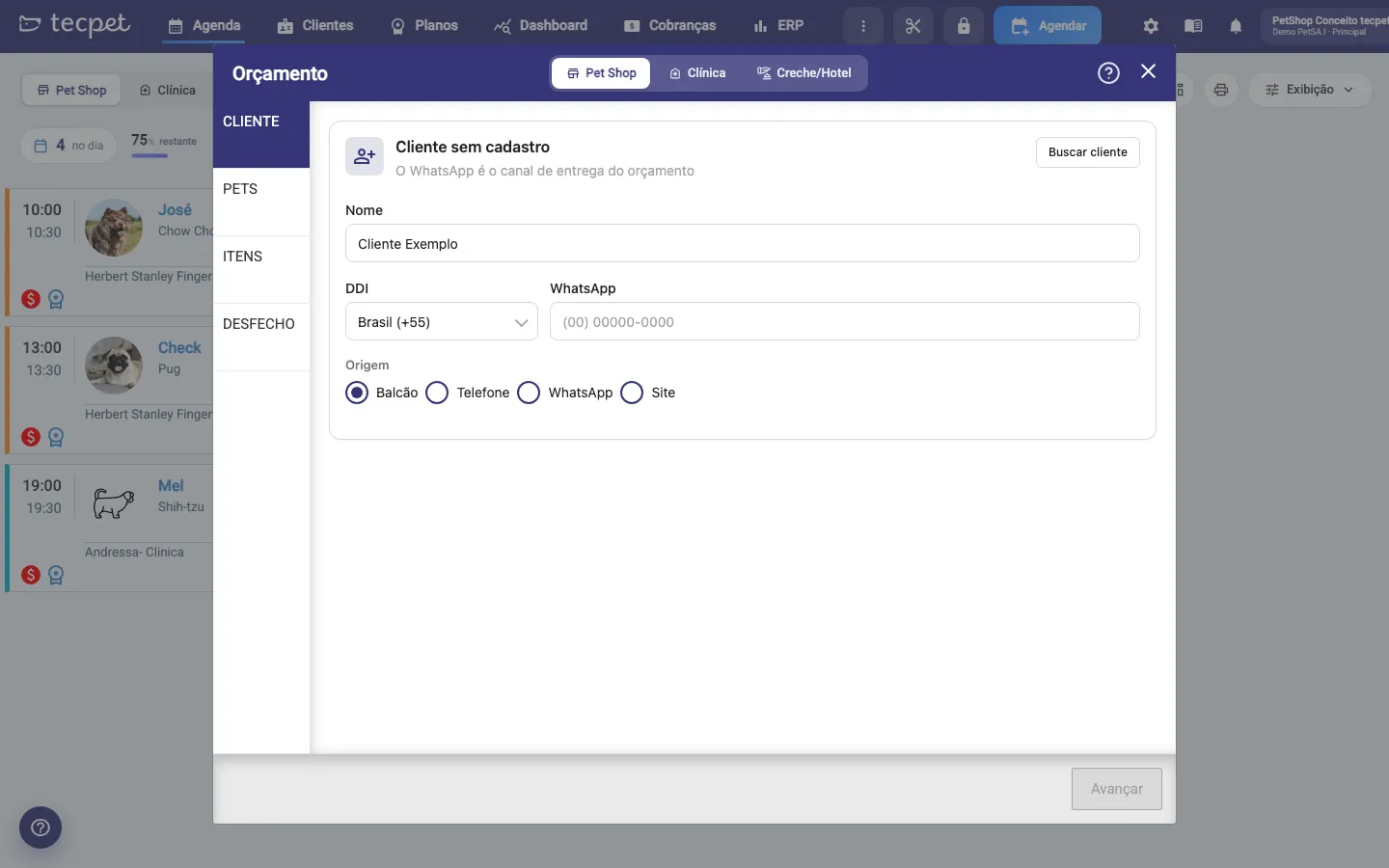 Passo Cliente no modo Cliente sem cadastro, com os campos Nome, DDI, WhatsApp e Origem