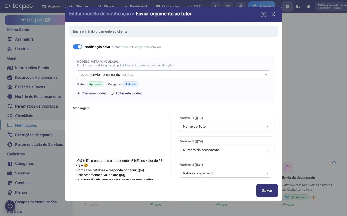 Edição da notificação Enviar orçamento ao tutor, com o modelo Meta vinculado, o texto padrão e as variáveis