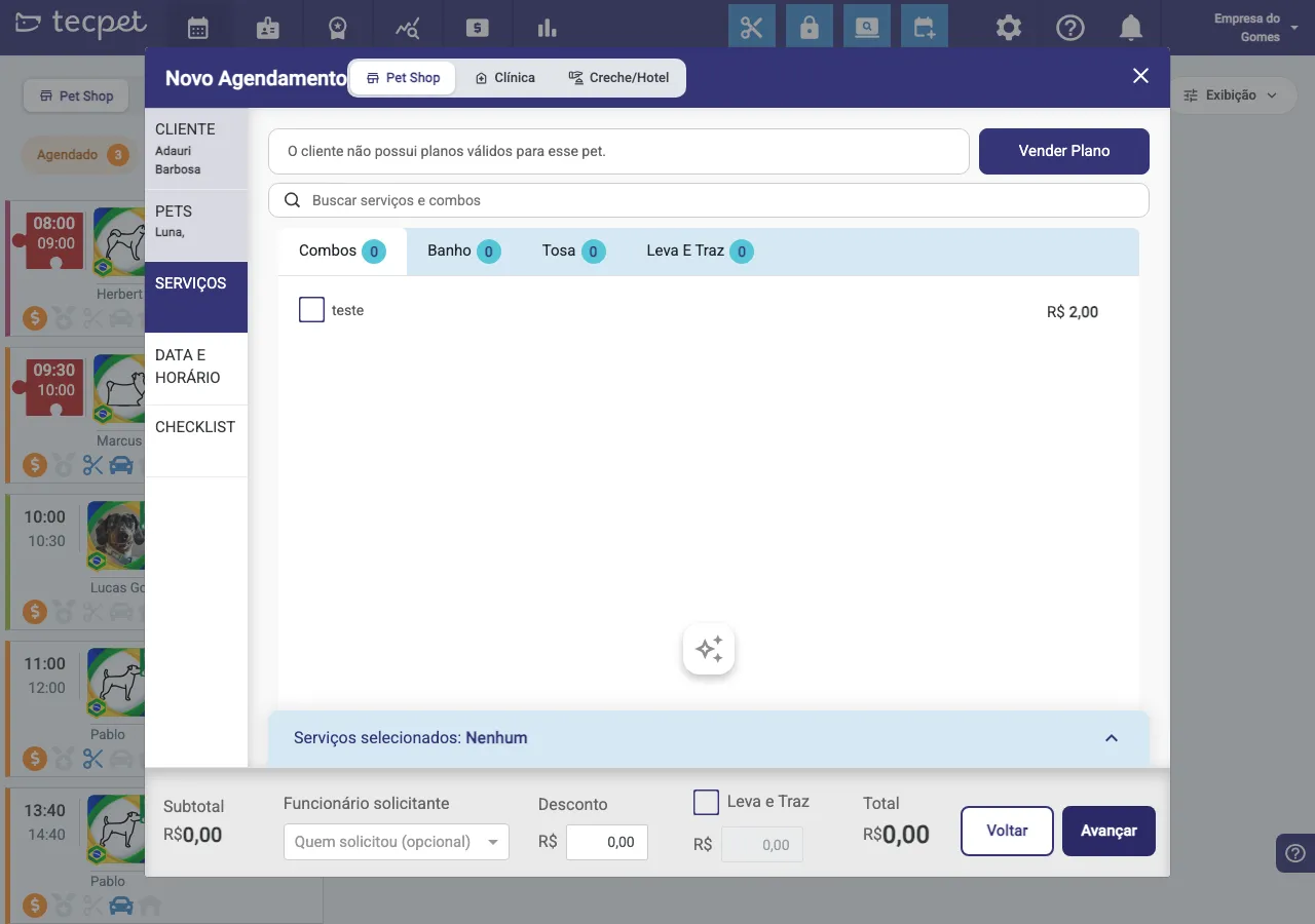 Etapa Serviços, com lista de serviços/combos, funcionário solicitante, desconto e total