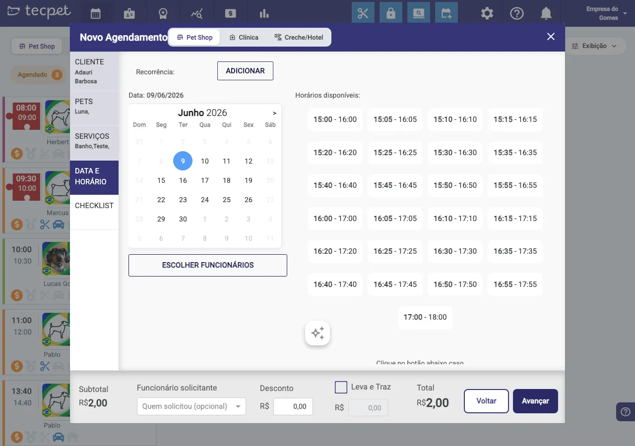 Etapa Data e Horário, com calendário, horários disponíveis e recorrência