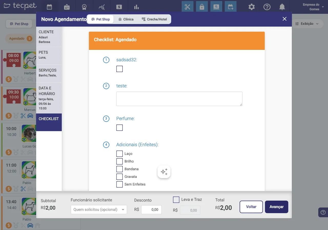 Etapa Checklist, com os itens do checklist do atendimento