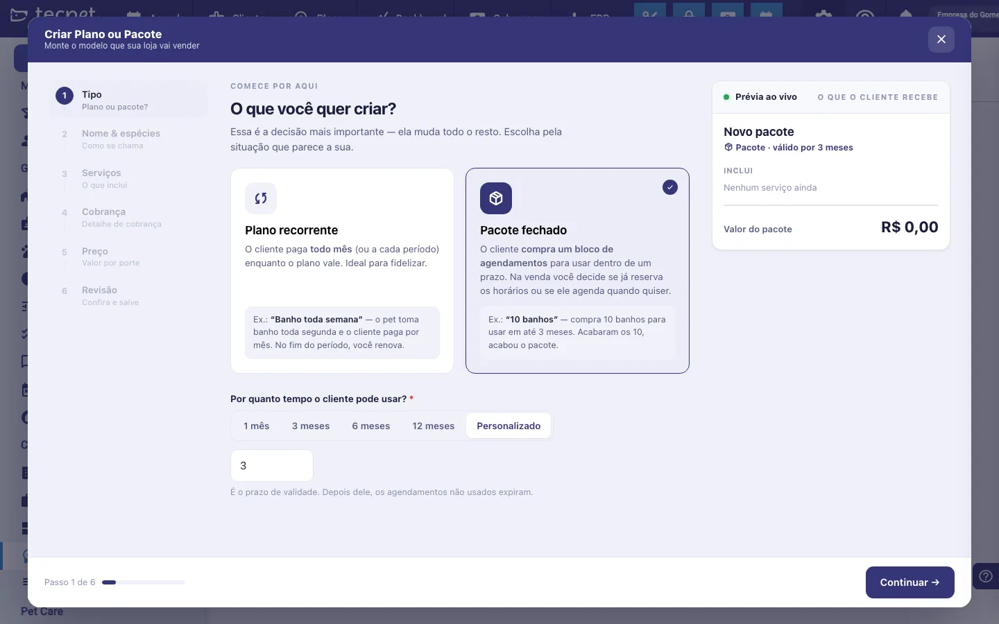 Opção Personalizado selecionada, com o campo aberto para digitar a duração em meses