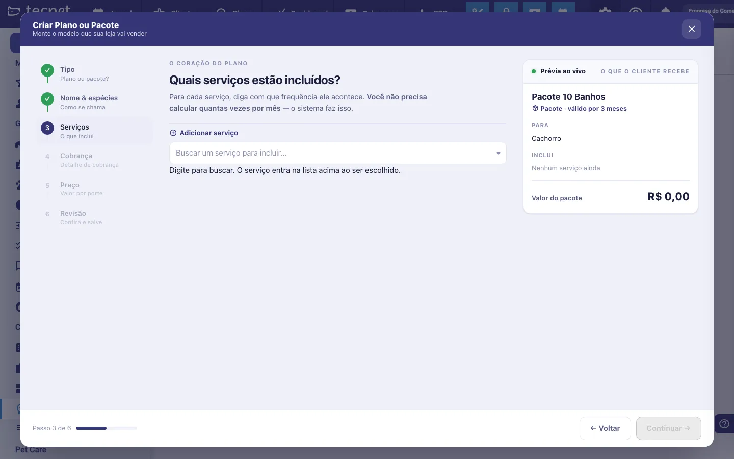 Passo 3 do assistente com o campo de busca para adicionar um serviço ao plano
