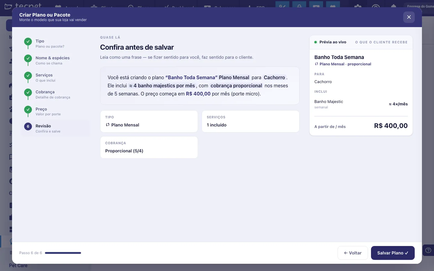 Passo 6 do assistente com o resumo de um plano proporcional, mostrando a cobrança como Proporcional (5/4)