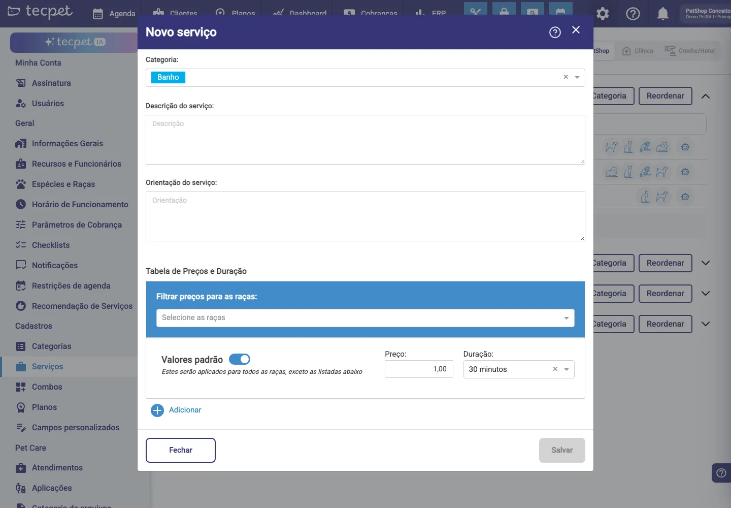 Modal Novo serviço com o bloco Tabela de Preços e Duração: filtro por raças, Valores padrão ligado com Preço e Duração, e o botão Adicionar