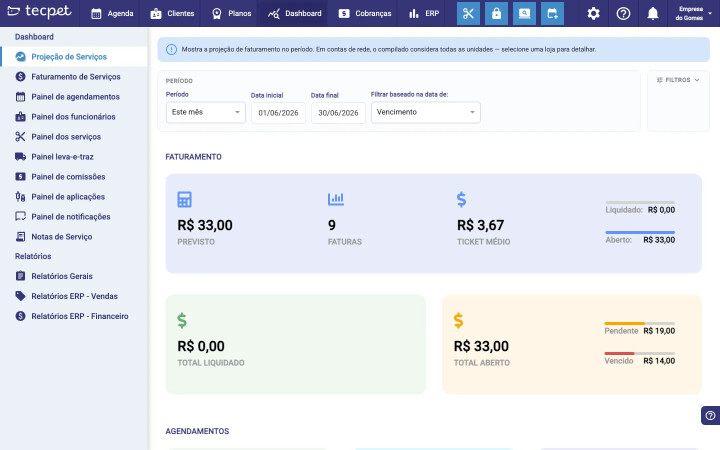 Tela do Dashboard do TecPet com os painéis à esquerda e os números de faturamento