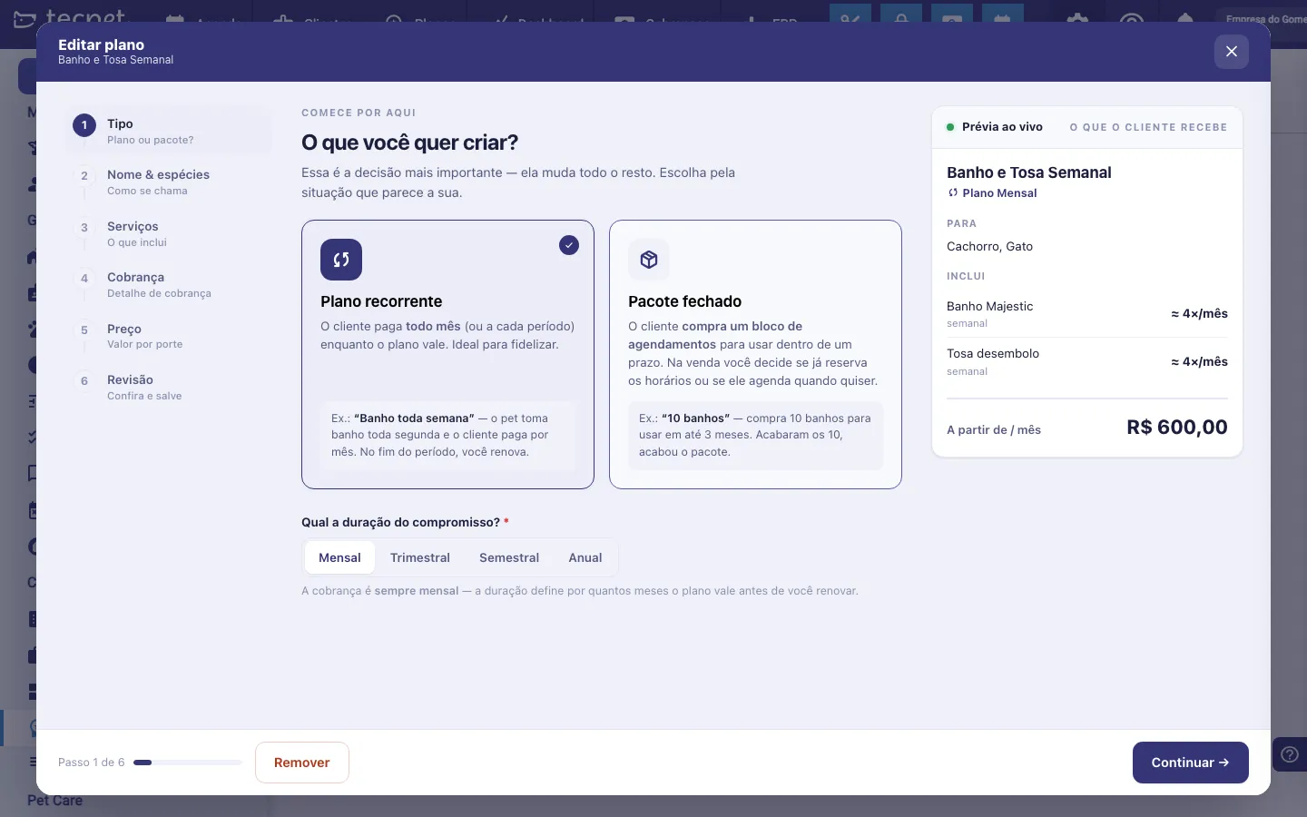 Assistente em modo de edição, com o título Editar plano, os 6 passos preenchidos e a prévia ao vivo à direita