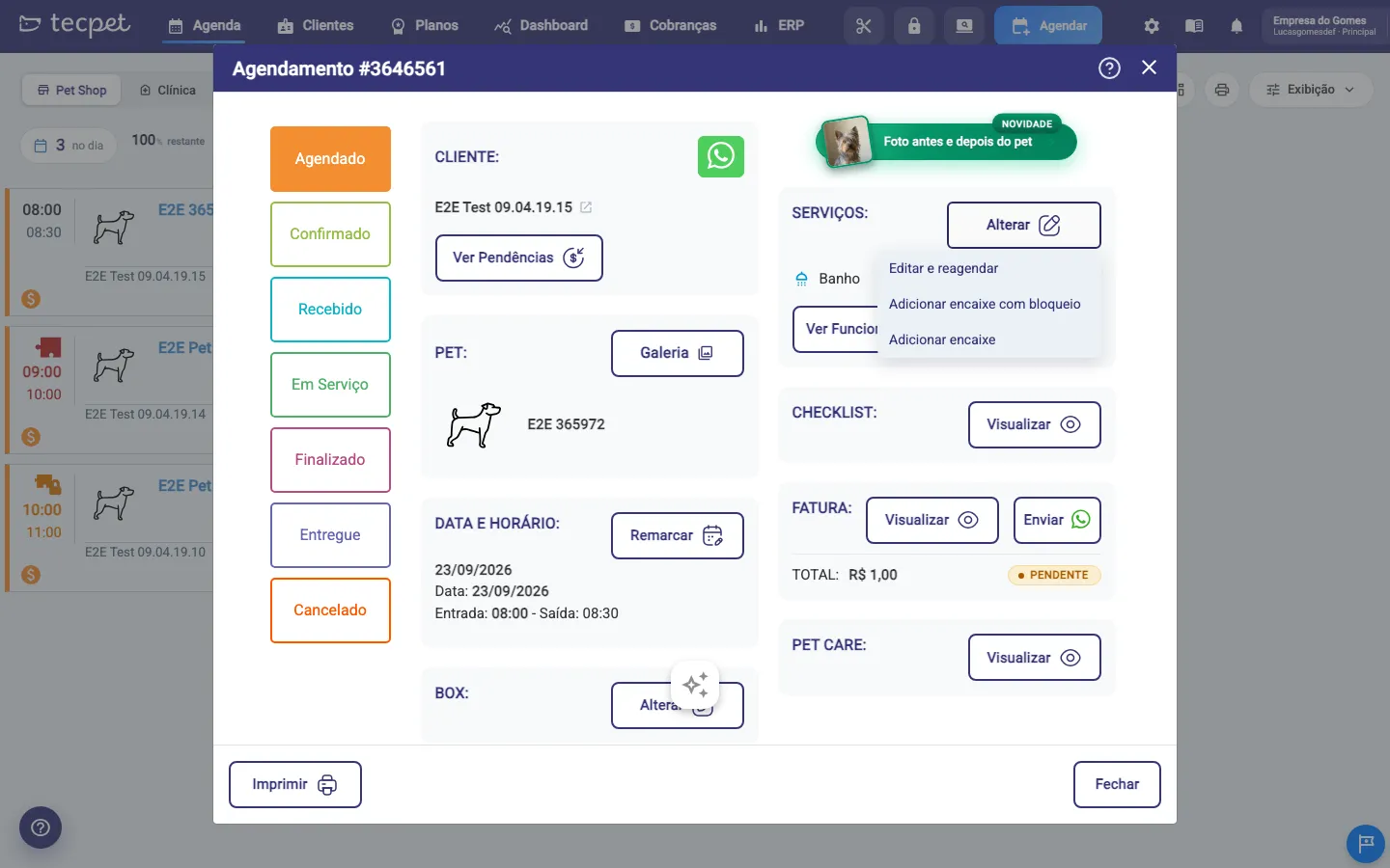 Agendamento aberto com o menu do botão Alterar exibindo as opções Editar e reagendar, Adicionar encaixe com bloqueio e Adicionar encaixe.