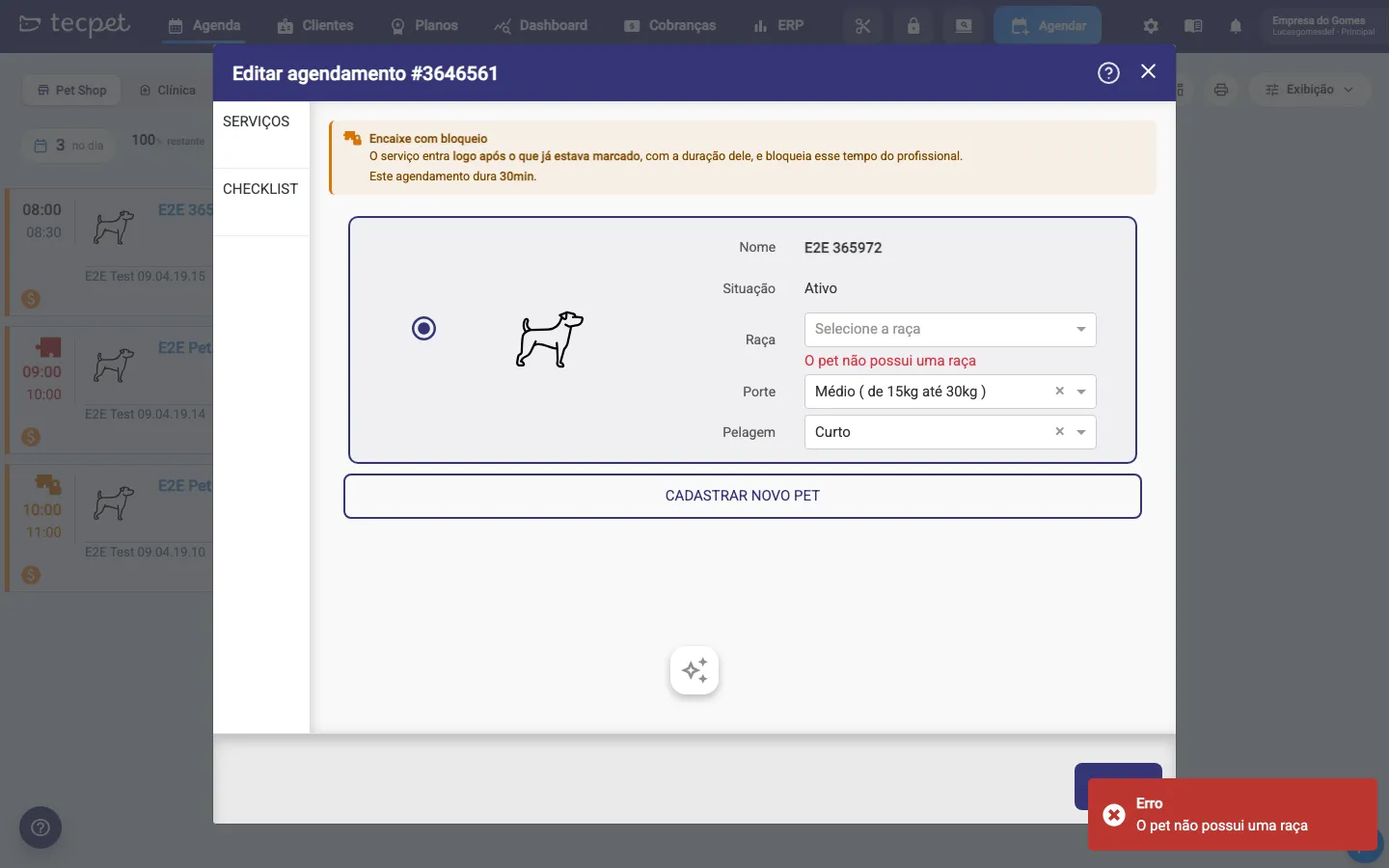 Tela de edição do agendamento com o aviso laranja explicando que o serviço entra logo após o que já estava marcado, com a duração dele.