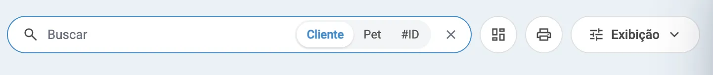 Barra de busca da agenda com os filtros Cliente, Pet e #ID e os atalhos de visão e impressão