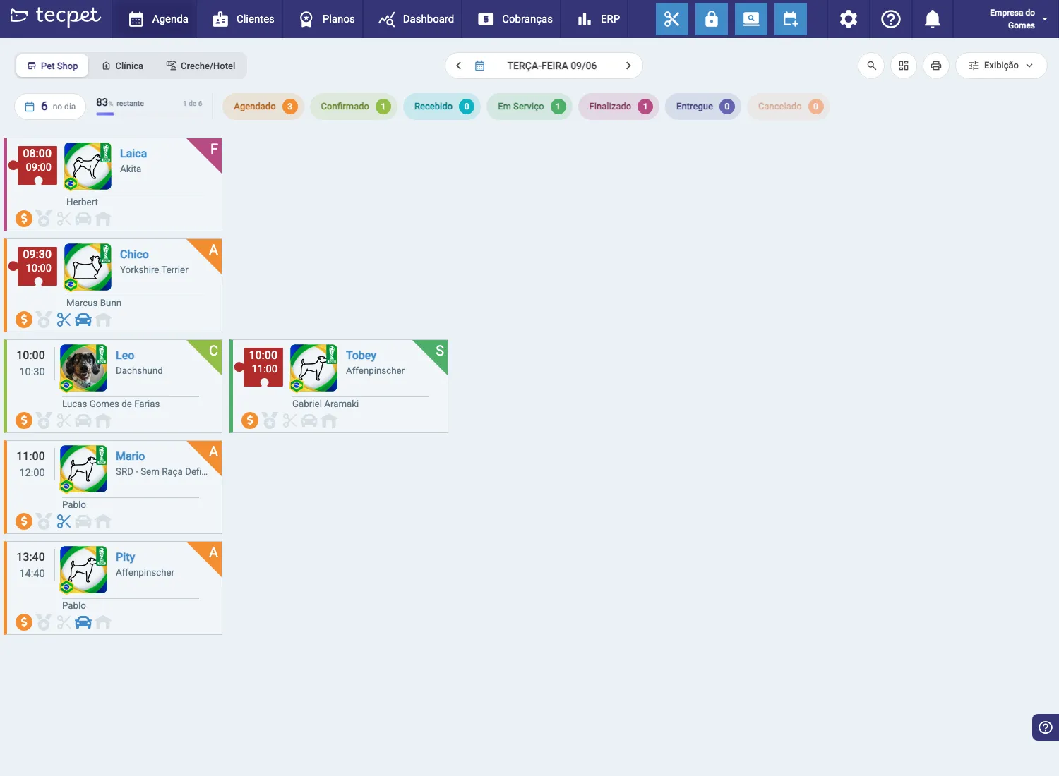 Tela da Agenda: abas de segmento, seletor de dia, colunas de status e cards de agendamento