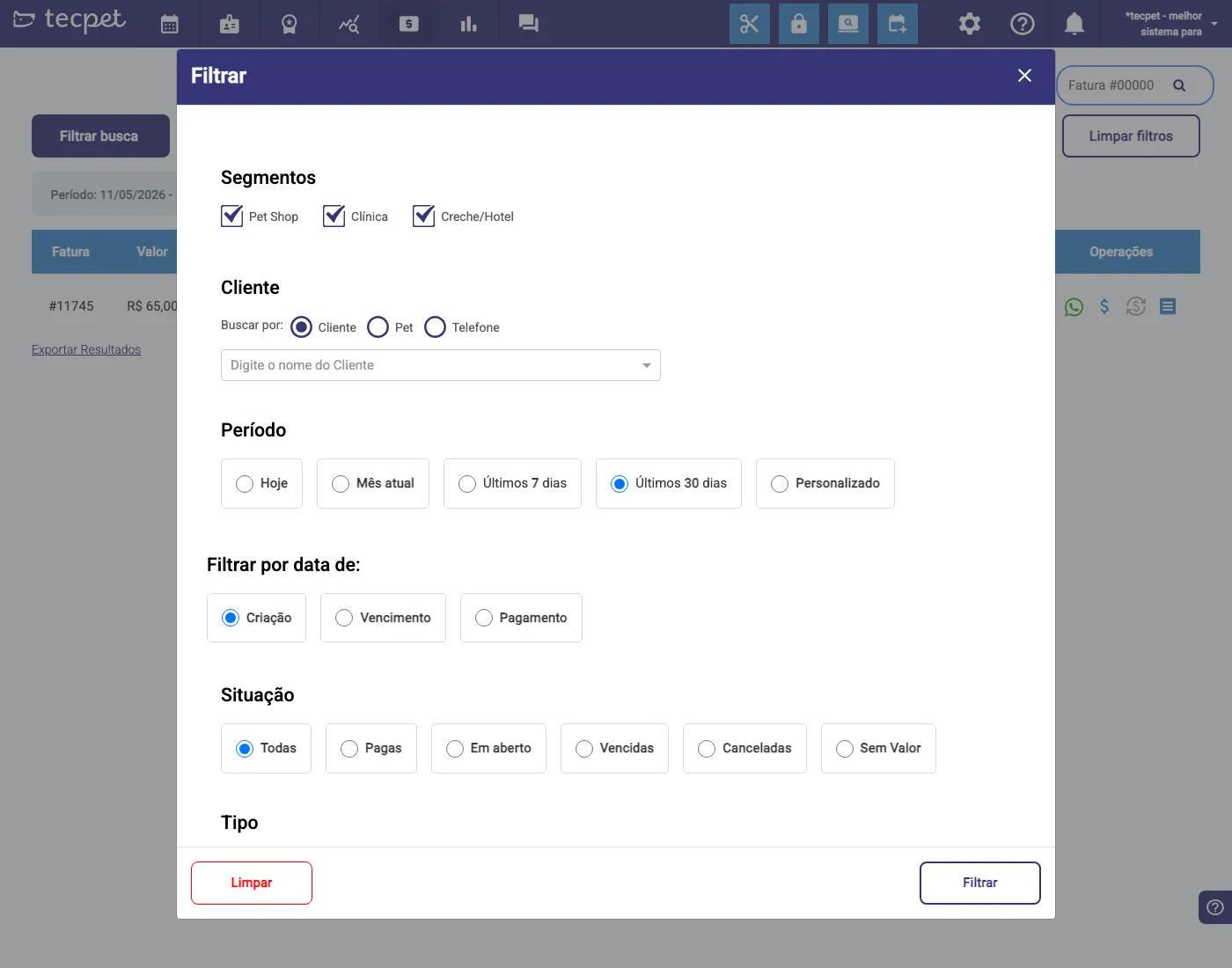 Painel de filtros das cobranças: período, data, situação e tipo