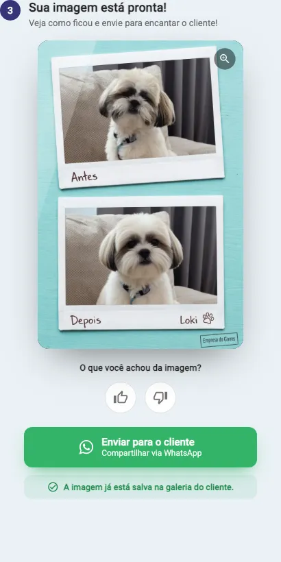 Coluna 3 com a imagem gerada no modelo Foto instantânea: duas polaroids rotuladas Antes e Depois, o nome do pet, o rodapé da loja, a avaliação com joinhas e o botão Enviar para o cliente.