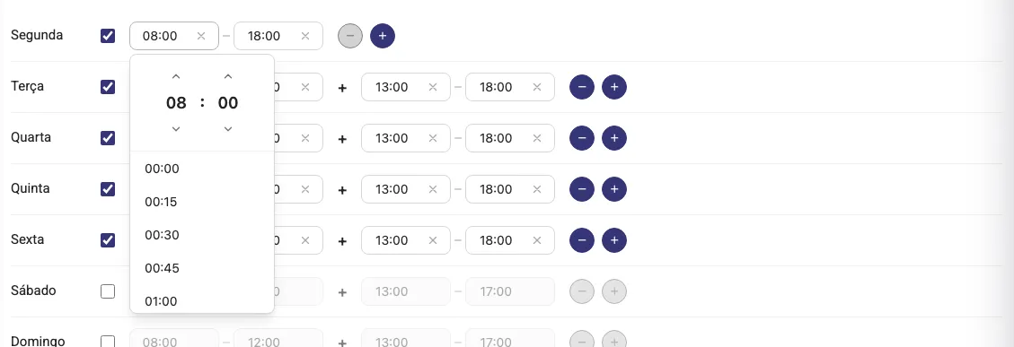 Campo de horário aberto: as roletas de hora e minuto no topo e a lista de horários de 15 em 15 minutos logo abaixo
