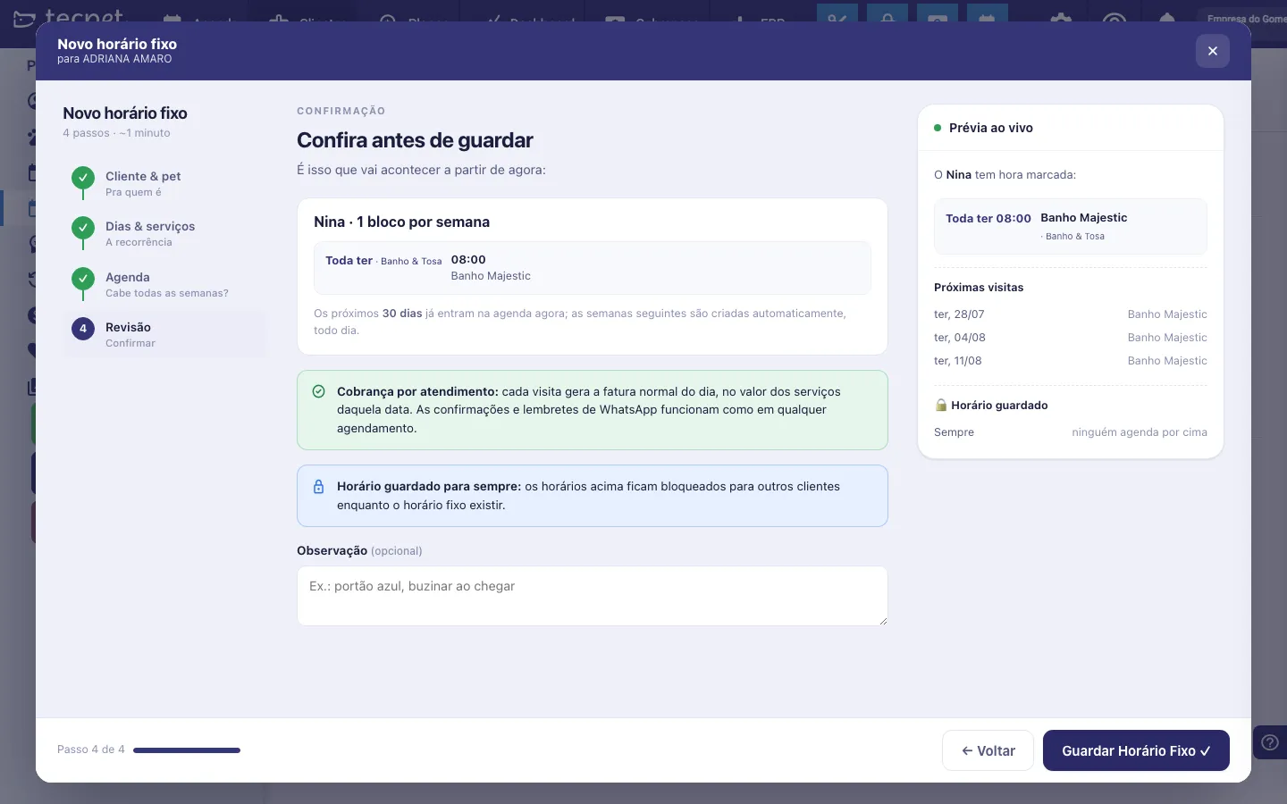 Passo 4 do assistente com o resumo da recorrência, o aviso de cobrança por atendimento e o campo de observação