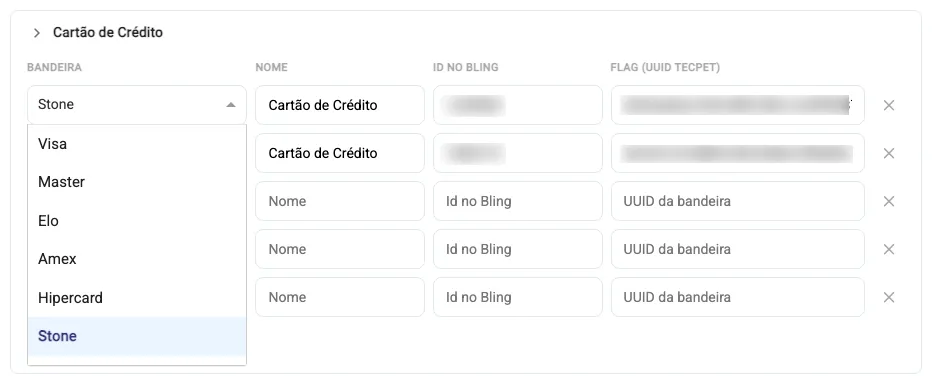 Seletor Bandeira aberto na linha do Cartão de Crédito, mostrando as opções Visa, Master, Elo, Amex, Hipercard e Stone