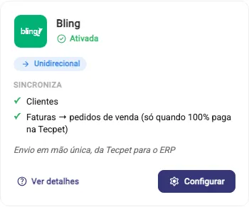 Cartão do Bling na tela de Integrações: selo Ativada, etiqueta Unidirecional, o bloco Sincroniza e os botões Ver detalhes e Configurar
