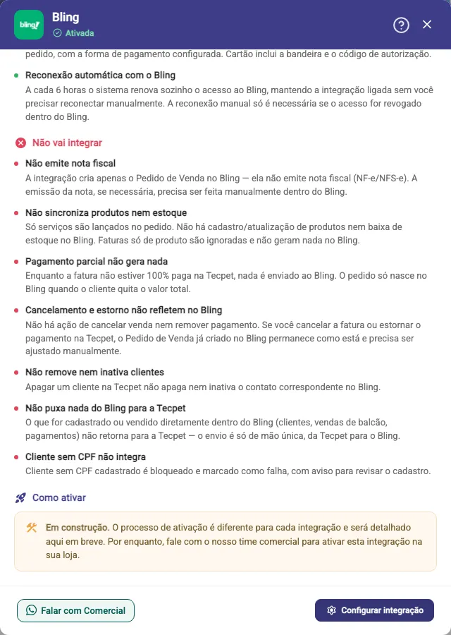 Janela Ver detalhes rolada até o bloco vermelho Não vai integrar, o aviso Em construção de Como ativar e os botões Falar com Comercial e Configurar integração