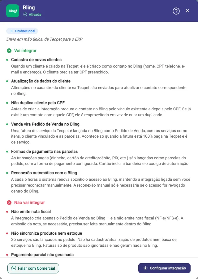 Janela Ver detalhes do Bling com o bloco verde Vai integrar e os seis itens, do cadastro de clientes à reconexão automática