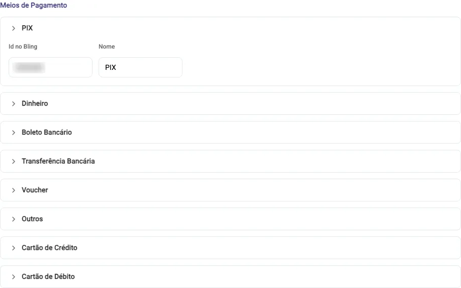 Bloco Meios de Pagamento com o PIX aberto, mostrando os campos Id no Bling e Nome, e as demais formas de pagamento fechadas