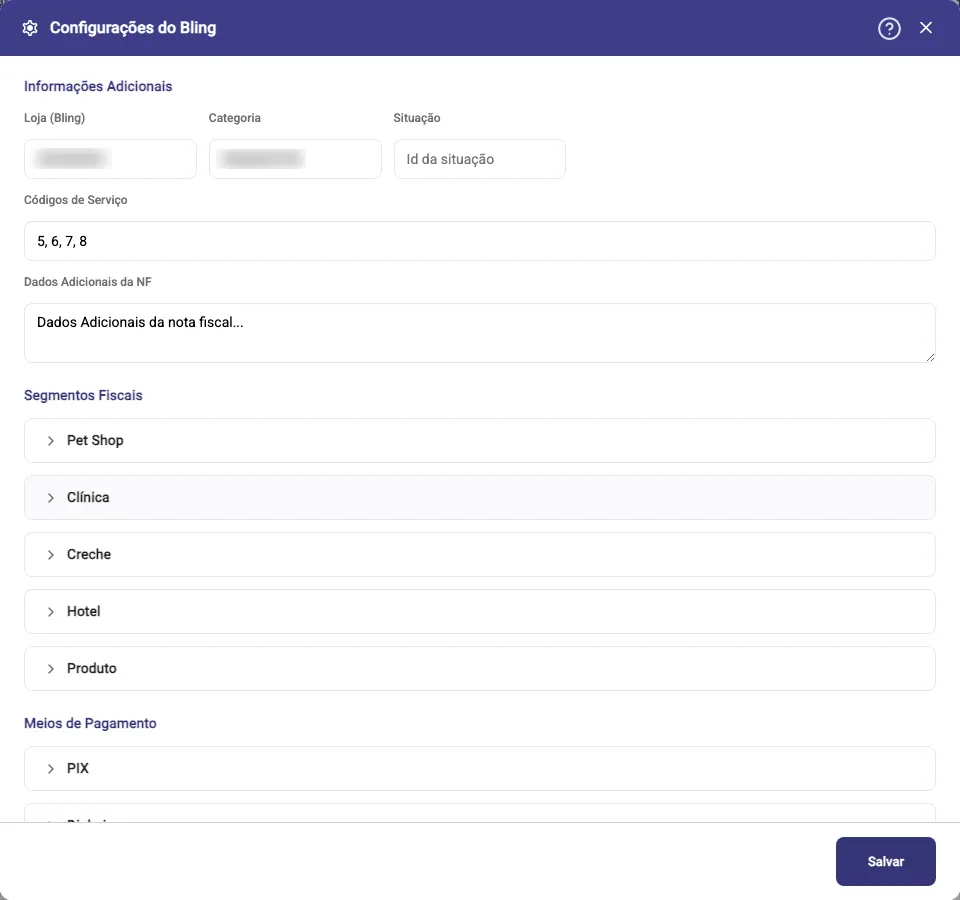 Janela Configurações do Bling aberta, com o bloco Informações Adicionais preenchido, os Segmentos Fiscais fechados e o botão Salvar no rodapé