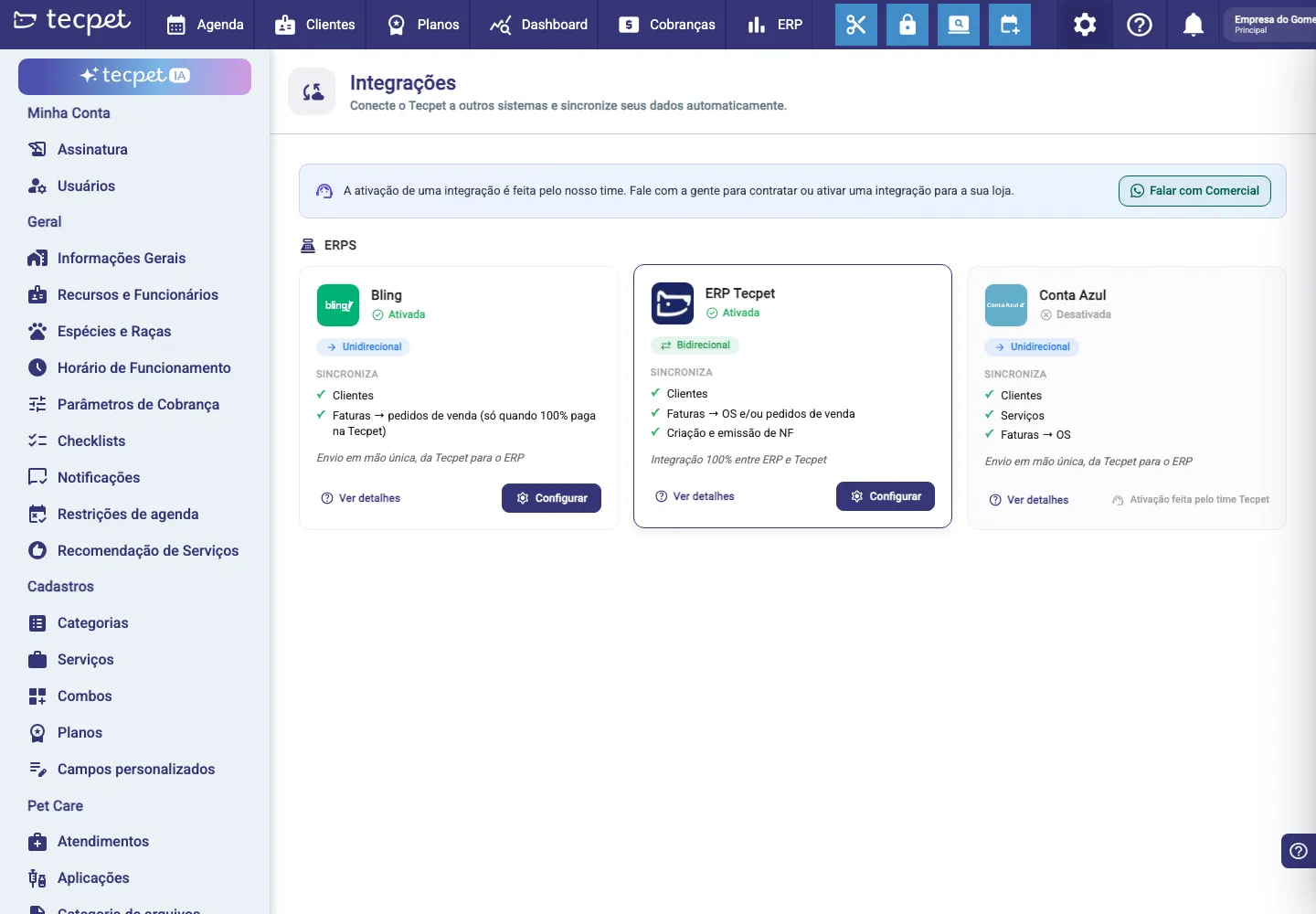 Tela Integrações em Configurações → Sistema: aviso de ativação com o botão Falar com Comercial e a categoria ERPs com os cartões das integrações disponíveis, entre eles o Bling e o ERP tecpet