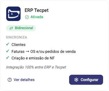 Cartão ERP tecpet na tela de Integrações: selo Ativada, etiqueta Bidirecional, o bloco Sincroniza com Clientes, Faturas e Criação e emissão de NF, e os botões Ver detalhes e Configurar