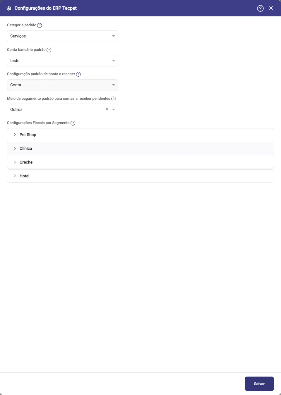 Janela Configurações do ERP tecpet com os campos Categoria padrão, Conta bancária padrão, Configuração padrão de conta a receber e Meio de pagamento padrão, as quatro sanfonas de segmento fechadas e o botão Salvar