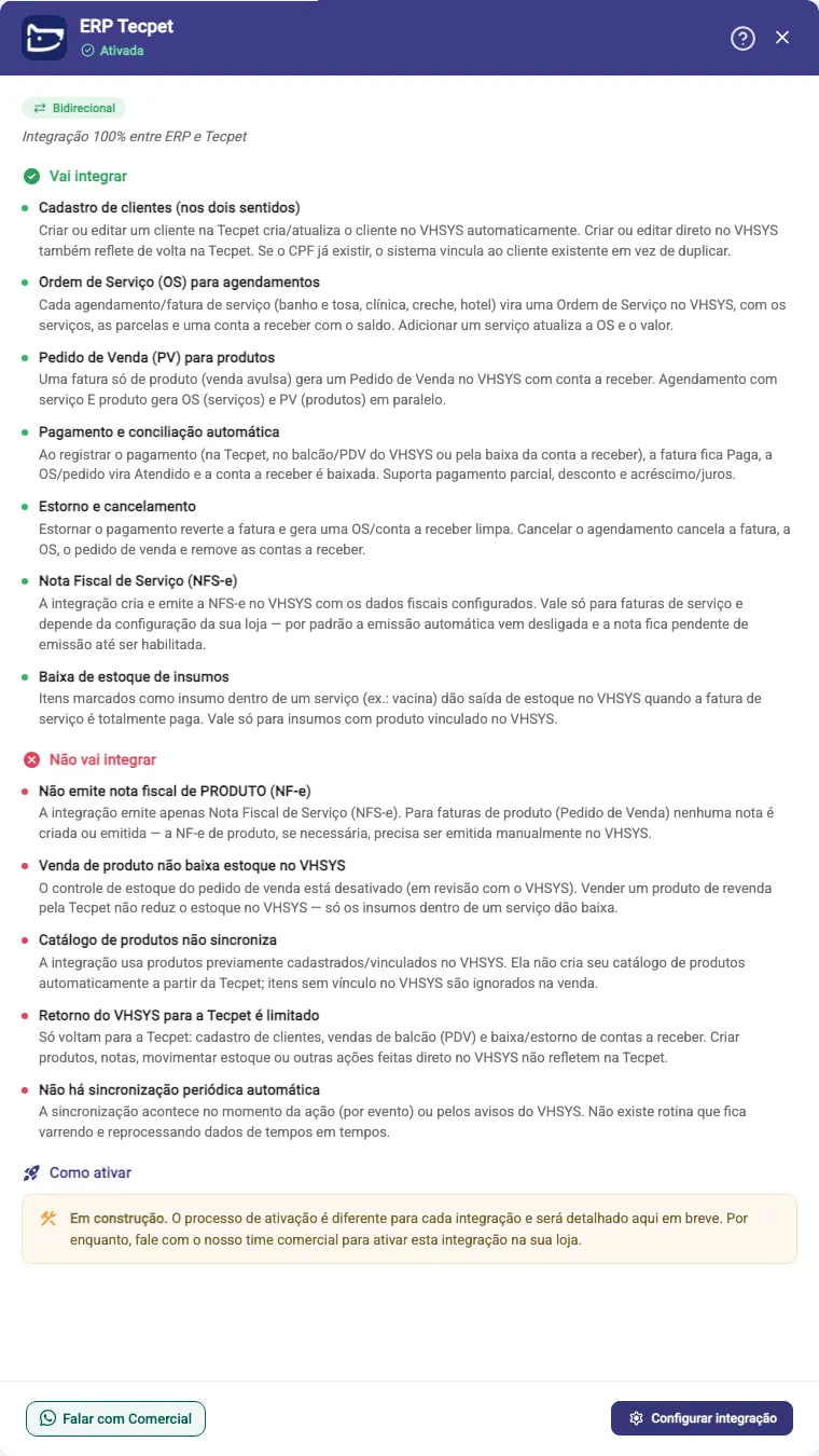 Janela Ver detalhes do ERP tecpet com o bloco verde Vai integrar, o bloco vermelho Não vai integrar e o bloco Como ativar com o aviso Em construção