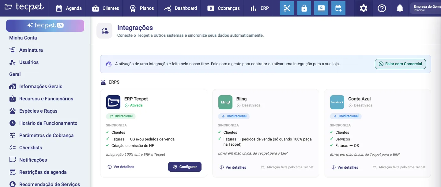 Tela Integrações em Configurações → Sistema: aviso de ativação com o botão Falar com Comercial e a categoria ERPs com os cartões dos sistemas disponíveis, entre eles o ERP tecpet (Ativada) e o Bling