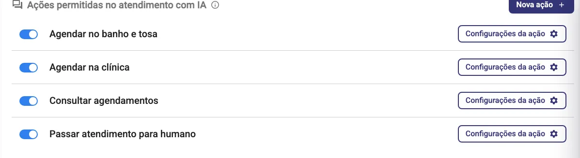 Lista Ações permitidas no atendimento com IA, com liga/desliga e o botão Configurações da ação em cada linha