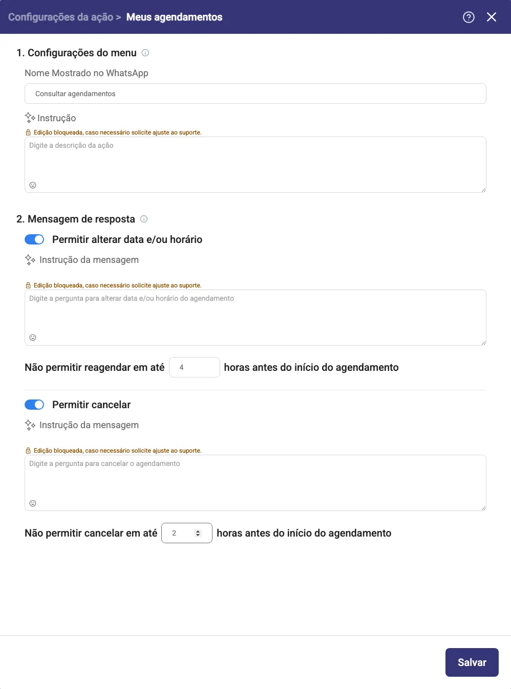 Janela Configurações da ação > Meus agendamentos, com os blocos 1. Configurações do menu e 2. Mensagem de resposta