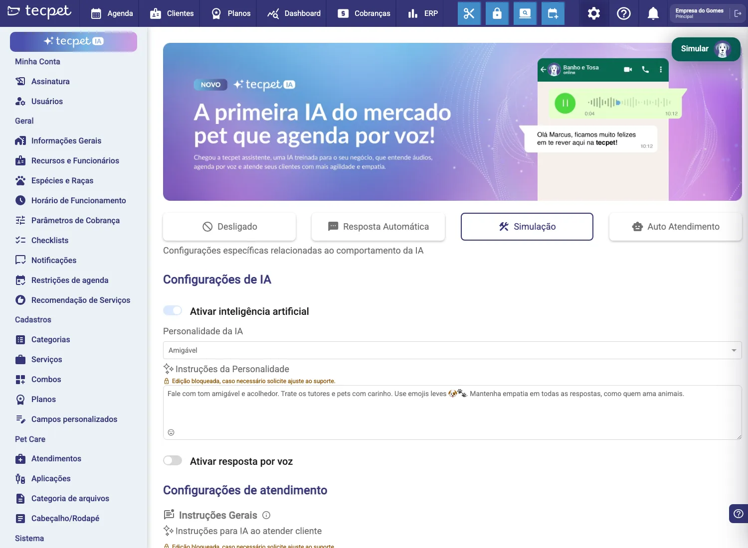 Tela tecpet IA → Atendimento: banner no topo, os quatro modos de atendimento e o bloco Configurações de IA