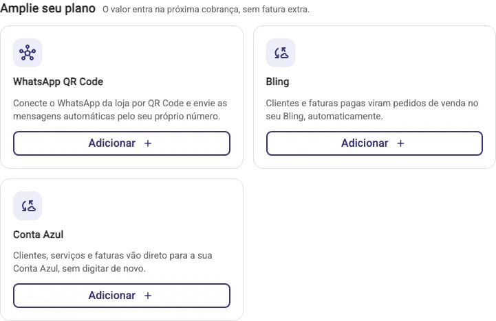Vitrine Amplie seu plano com os cards de WhatsApp QR Code, Bling e Conta Azul