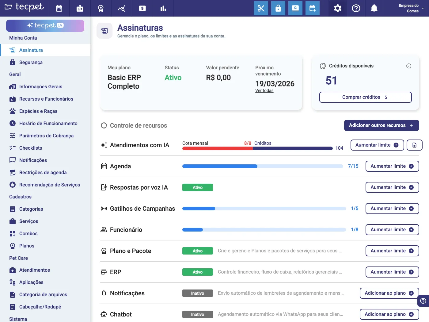 Tela de Assinatura: plano, status, vencimento, créditos e controle de recursos